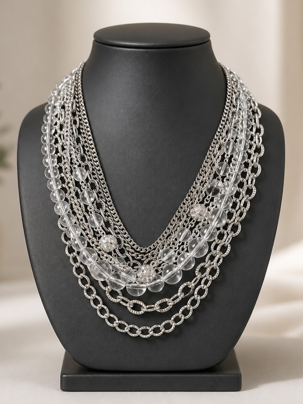Multi-Layer Clear Bead and Silver Chain Statement Necklace